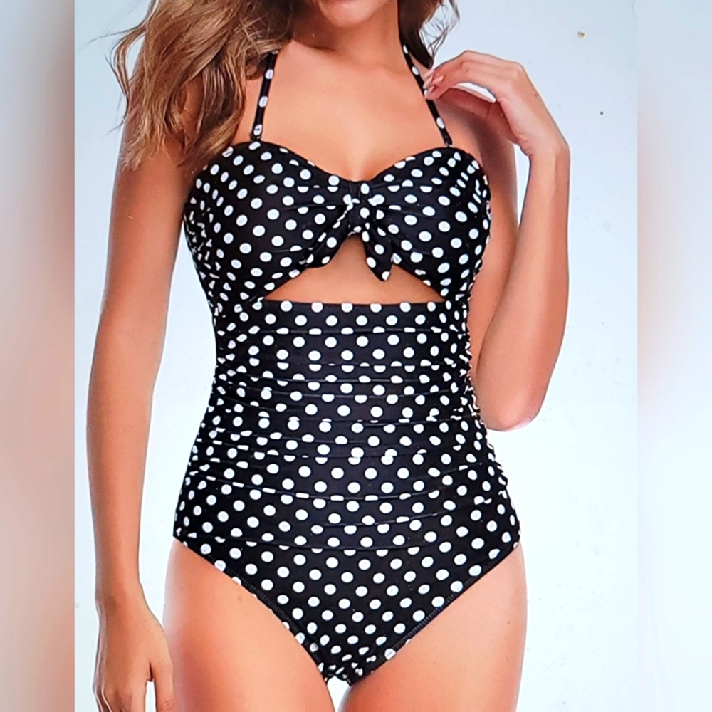 NWT SLIMMING RETRO PINUP VINTAGE CUT OUT RUCHED HALTER POLKA DOTS SWIM